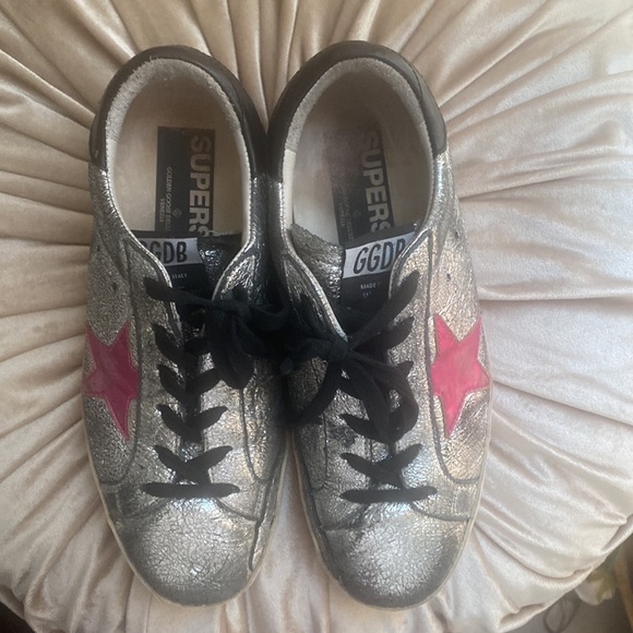 Golden Goose Silver Metallic Sneakers Pink Star EUC size 8 - Picture 4 of 9